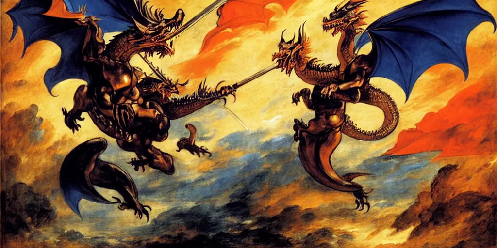 Image similar to knight holding a shield, fighting a dragon breathing fire, palette orange and blue, blue light behind dragon, realistic, rim lighting, cinematic lighting, art by eugene delacroix, raphael, peter paul rubens