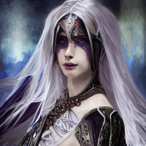 Prompt: portrait evilly white hair knights of Zodiac girl, metalic deep purple and black reflected armor, in ruined Agora of Athens night, ssci-fi and fantasy, intricate and very very beautiful and elegant, highly detailed, digital painting, artstation, concept art, smooth and sharp focus, illustration, art by tian zi and WLOP and alphonse mucha