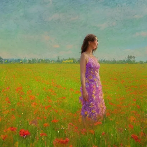 Image similar to woman standing in flower field, mattepainting, artstation, impressionism, blooming flower body