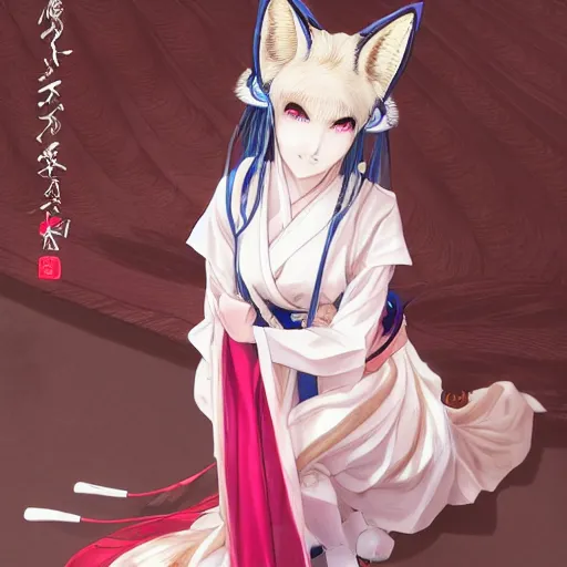 Image similar to An anime portrait of Ssunbiki as a beautiful Japanese noblewoman with fox ears wearing a silk kimono, by a professional manga illustrator, Stanley Artgerm Lau, WLOP, Rossdraws, James Jean, Andrei Riabovitchev, Marc Simonetti, and Sakimichan, tranding on artstation