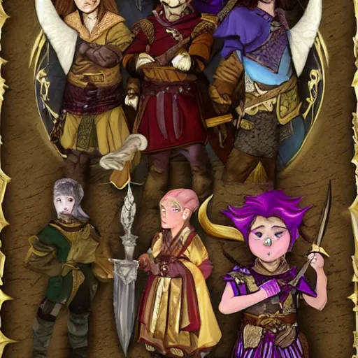 Prompt: a fantasy adventuring party consisting of a male dwarf cleric, a male halfling thief, a non - binary halfling with golden wings, a male human ranger with an old bow, a female wood elf druid, a male yuan - ti pure blood warlock, a female elf wizard and a male humanoid fox warrior