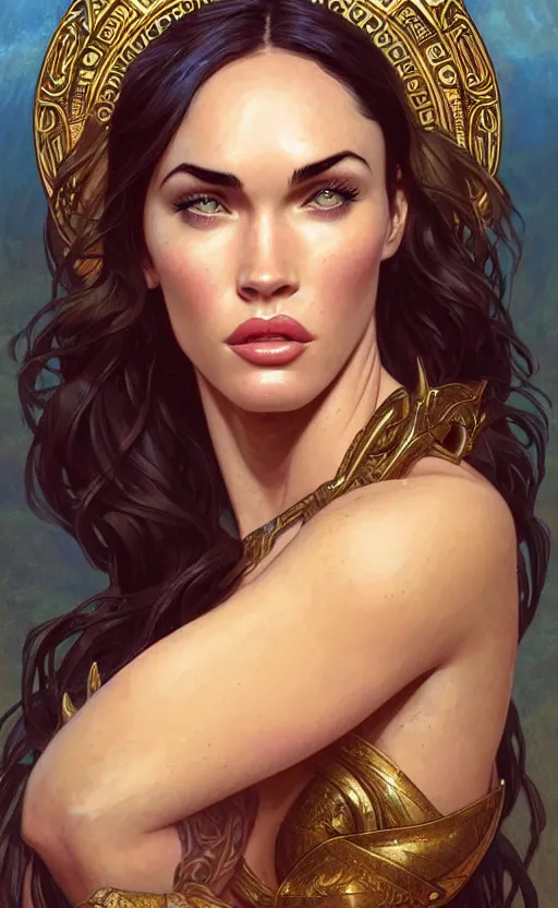 Image similar to portrait of megan fox as the goddess circe, greek mythology, intricate, headshot, highly detailed, digital painting, artstation, concept art, sharp focus, cinematic lighting, illustration, art by artgerm and greg rutkowski, alphonse mucha, cgsociety