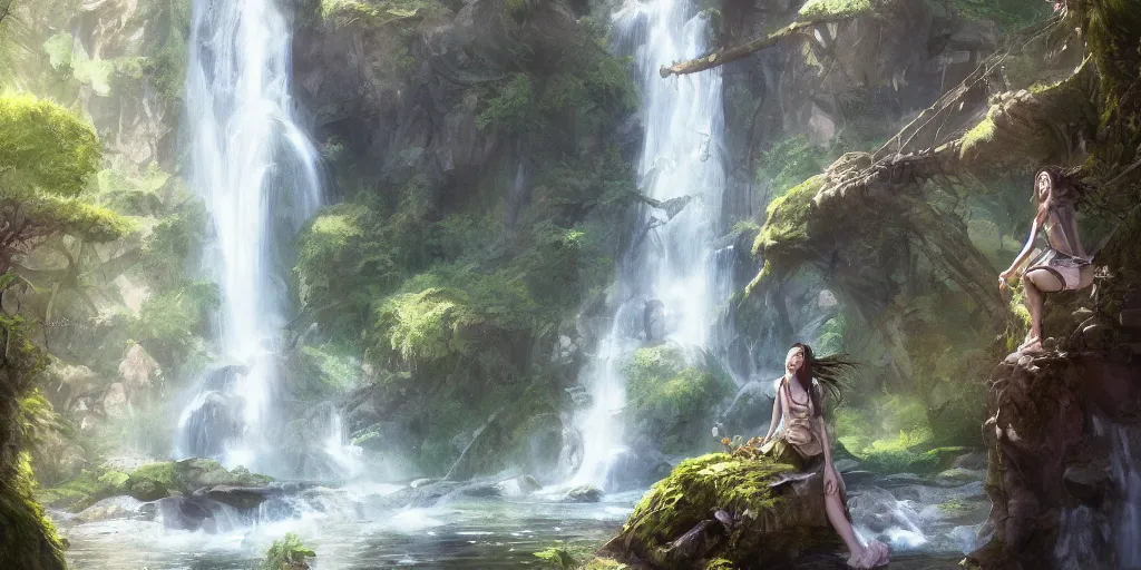 Prompt: waterfall in spring forest, d & d, fantasy, portrait, highly detailed, digital painting, trending on artstation, concept art, sharp focus, illustration, art by artgerm and greg rutkowski and magali villeneuve