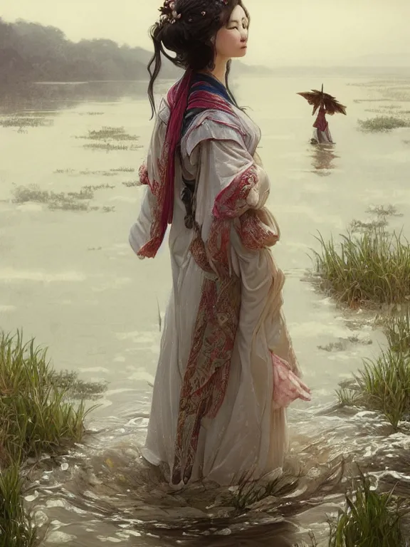 Image similar to portrait of a beautiful seductive slightly plump european girl wearing hanfu walking on water, farm background, fantasy, d & d, dark eyeliner, intricate, elegant, highly detailed, digital painting, artstation, concept art, matte, sharp focus, illustration, art by greg rutkowski and alphonse mucha