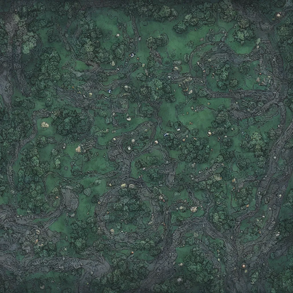 Image similar to a ttrpg map of a moonlit clearing in the woods, gridless, beautiful, 8 k, high quality digital art