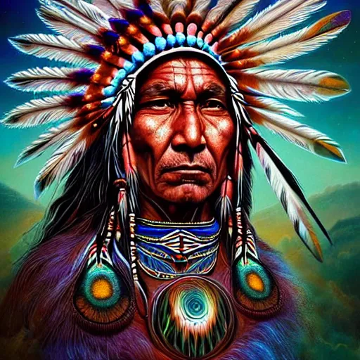 Prompt: : native american shamen fantasy, fantasy magic, cosmic, intricate, sharp focus, illustration, highly detailed, digital painting, cosmos, time travel, healing earth, concept art, matte, jahbu art and paul lewin masterpiece