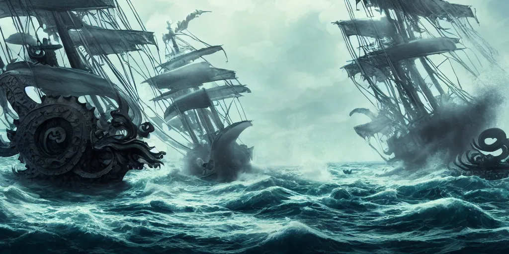 Prompt: the kraken sinking a pirate ship, kraken attacking pirate ship in rough seas, studio ghibli style, photorealistic illustration, high quality render, 8 k resolution, octane render