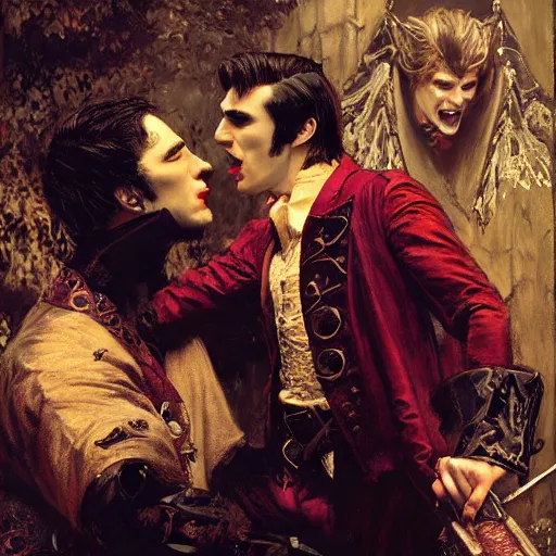 Image similar to attractive male, arthur pendragon confesses his love to attractive male dracula the vampire. highly detailed painting by gaston bussiere, craig mullins, j. c. leyendecker 8 k