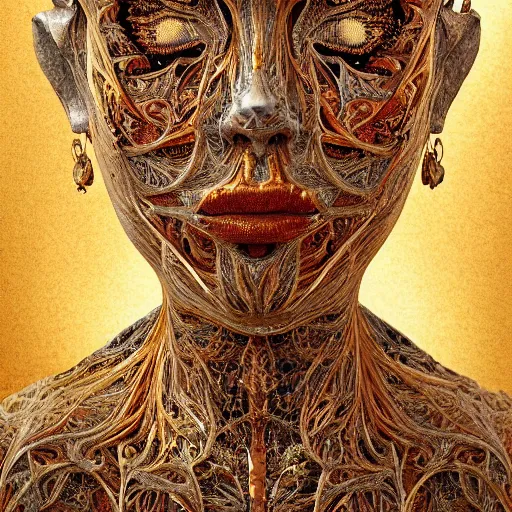 Image similar to beatifull face portrait of a woman, 150 mm, anatomical, flesh, flowers, mandelbrot fractal, facial muscles, veins, arteries, intricate, golden ratio, full frame, microscopic, elegant, highly detailed, ornate, ornament, sculpture, elegant , luxury, beautifully lit, ray trace, unreal, 3d, PBR, in the style of peter Gric , alex grey and Romero Ressendi