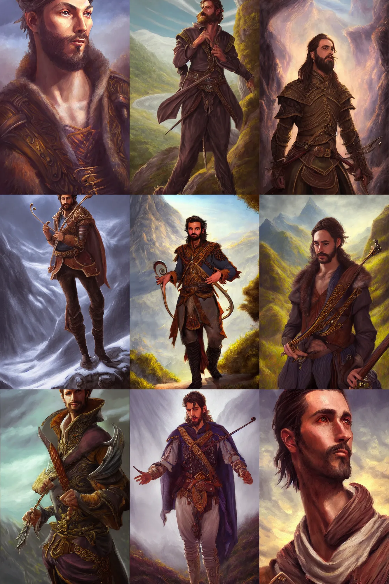 Image similar to a full body high detail fantasy portrait oil painting illustration of a single handsome male bard by justin sweet with face and body clearly visible, in a scenic background, intense eyes, realistic proportions, d & d, rpg, forgotten realms, artstation trending, high quality, sombre mood, artstation trending, muted colours, entire person visible!