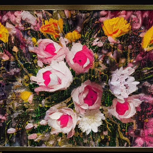 Image similar to a 8bit screen showcasing a photo of flowers, covered in oil painting, by jenny saville and francis bacon