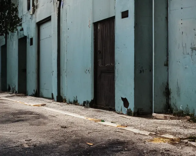 Prompt: beautiful minimalistic realistic color Fuji velvia photograph, abandoned cars park in a quiet alley by langdon clay, VSCO film grain