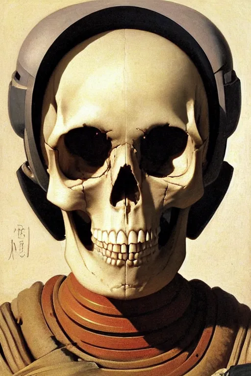 Prompt: portrait of a skull astronaut in samurai helmets an ancient human species, single person, by bouguereau