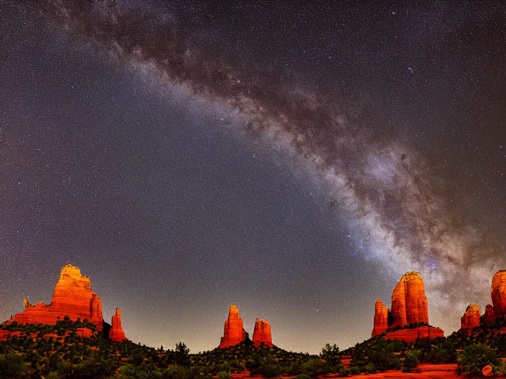 Image similar to long distance shot, sedona's cathedral rock bluff, night, milky way, intricate lines, elegant, extreme detail, sharp focus, photo realistic, ultra realistic, photographic