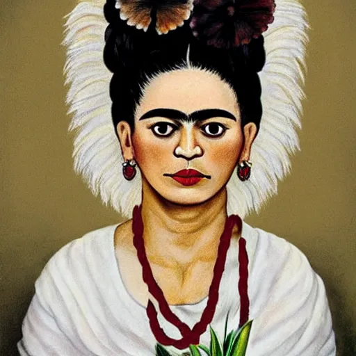 Image similar to a cream colored havanese dog as frida kahlo, portrait by frida kahlo