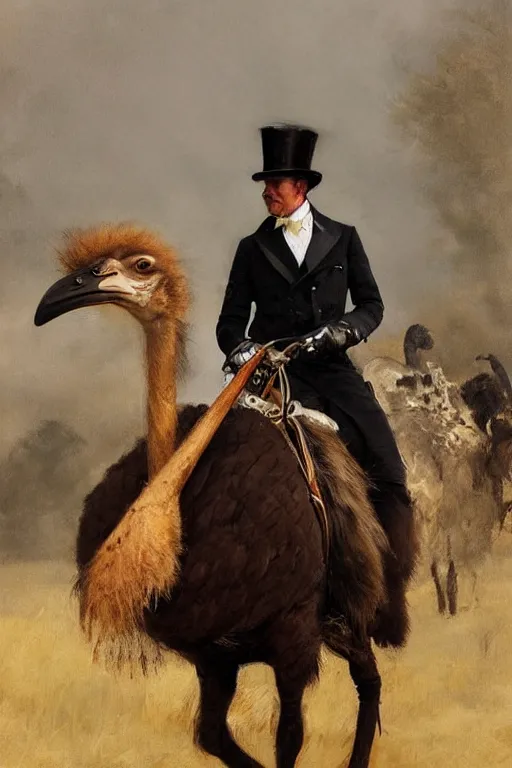 Image similar to portrait of a respectable dignified royal business elite politician wearing a top hat and coat tails riding on an ostrich, art by anders zorn, wonderful masterpiece by greg rutkowski, beautiful cinematic light, american romanticism by greg manchess, jessica rossier