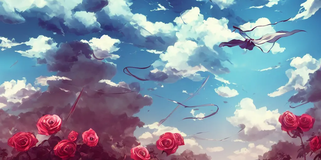 Image similar to background art of flying longswords flowing and floating through the slicing through directional wind on a simple cloudy sky background, big puffy clouds, large individual rose petals, angular background elements, polygonal fragments, anime, studio ghibli, artgerm, manga, trending on artstation, art nouveau, mature color scheme