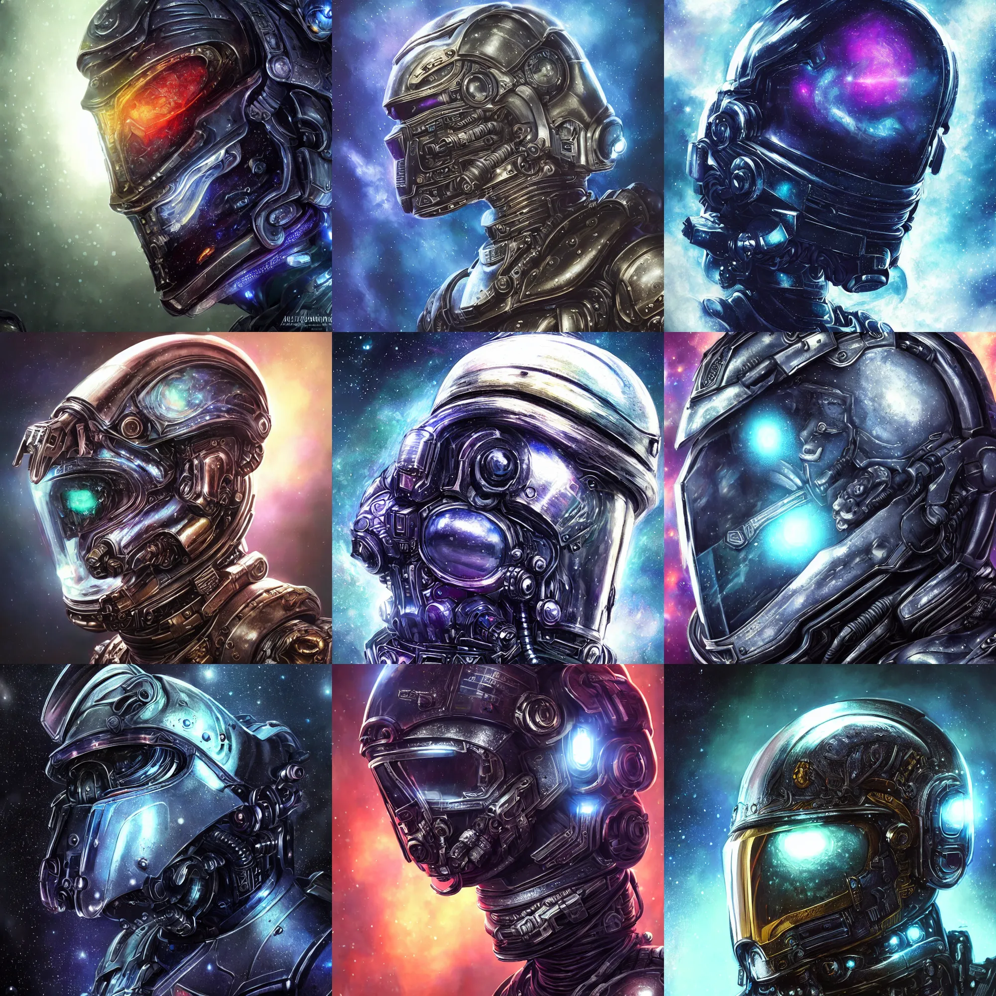 Image similar to portrait art of 8k ultra realistic space marine, side profile, galaxy reflection ion in helmet, deep space , detailed intricate ornate armour,eldritch horror,blade runner, cybernetic, full of colour, cinematic lighting, trending on artstation, 4k, hyperrealistic, focused, extreme details,unreal engine 5, cinematic, masterpiece, art by ayami kojima, giger