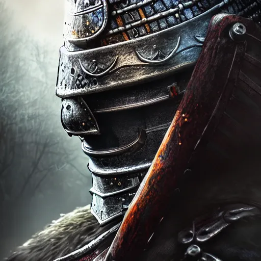 Image similar to portrait of a warrior with battle armor,fantasy, dark souls, bloodborne, D&D, HDR, natural light, dynamic pose, award winning photograph, Unreal Engine , 8k,