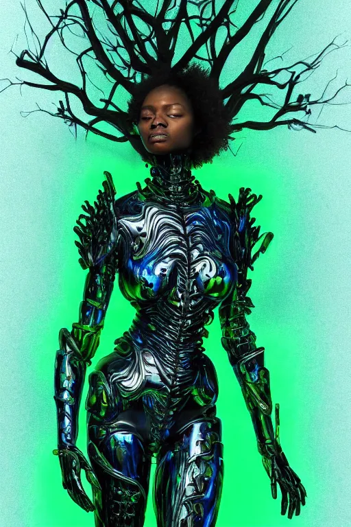 Prompt: hyperrealistic neo - baroque super expressive! black woman with exoskeleton armor, merging with tree in a forest, highly detailed digital art masterpiece smooth cam de leon eric zener dramatic pearlescent blue green light ground angle hd 8 k sharp focus