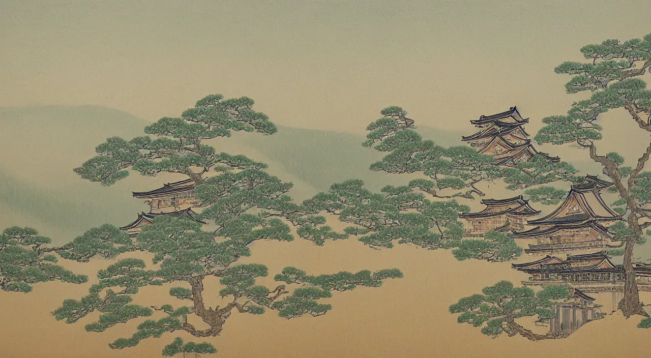 Prompt: a landscape painting of a Japanese castle