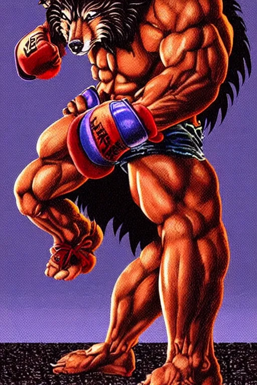 Image similar to extreme long shot. 8 bit nes graphics. antropomorphic muscular masculine wolf. kickboxer fighter, in shorts. wolf head. angry. fine details, very sharp, art from nes game cartridge, 8 0's, vhs artefacts, vaporwave style, marc simonetti and hermann nitsch and anish kapoor.