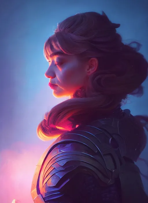 Prompt: side portrait, imogen poots, paladin, fantasy, gloomhaven, luminescent, organic painting, matte painting, bold shapes, hard edges, neon colors, octane render, unreal engine, by greg manchess, huang guangjian, gil elvgren, sachin teng, greg rutkowski, jesper ejsing, ilya kuvshinov