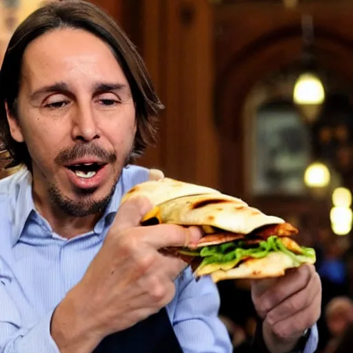 Prompt: pablo iglesias sharing a kebab in the houses of parliament