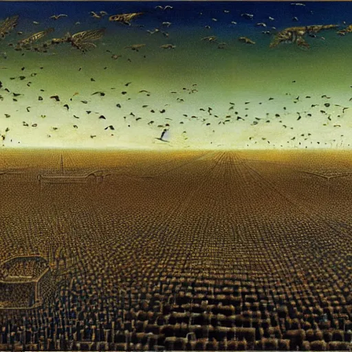 Prompt: an endless city. birds fly overhead. murmuration, it goes in forever, dreamscape masterpiece. salvador dali, highly detailed. barlowe. 8 k.