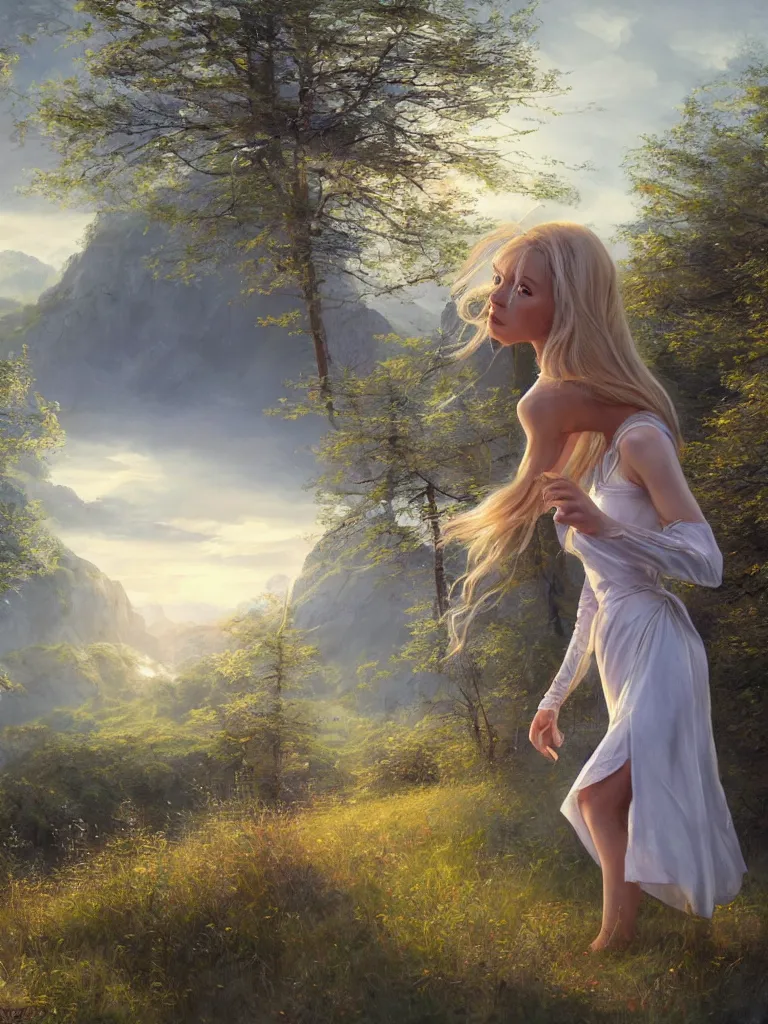 Prompt: blonde female jedi, Swedish countryside, landscape view, archipelago, freedom, dawn, sunrise, beautiful, by Vladimir Volegov, wlop, artstation