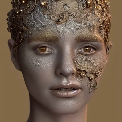 Image similar to beatifull face portrait of a woman, 150 mm, anatomical, flesh, flowers, mandelbrot fractal, facial muscles, veins, arteries, intricate, golden ratio, full frame, microscopic, elegant, highly detailed, ornate, ornament, sculpture, elegant , luxury, beautifully lit, ray trace, unreal, 3d, PBR, in the style of peter Gric , alex grey and Romero Ressendi