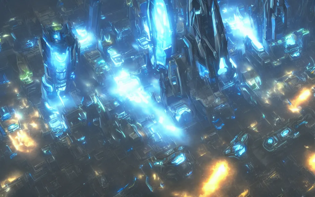 Image similar to protoss structure city, protoss vehicles flying, cinematic dramatic lighting, beautiful