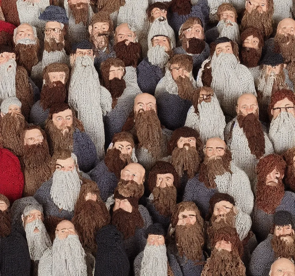 Image similar to some people that i had read about had knitted all of their beards together, a macrame homage to a better life, a tapestry depicting human failure, in real time and in three or four dimensions. they had been put in prison after they had knitted themselves to a shoplifter in solidarity