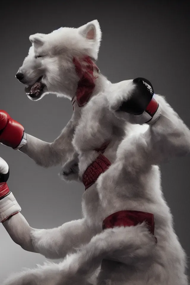 Image similar to samoyed dog head on a human body as a muay thai kickboxer, gloves on hands, Wai Kru Ram Muay, Rajadamnern Stadium, world championship fight, photorealistic, cinematic lighting, 4k