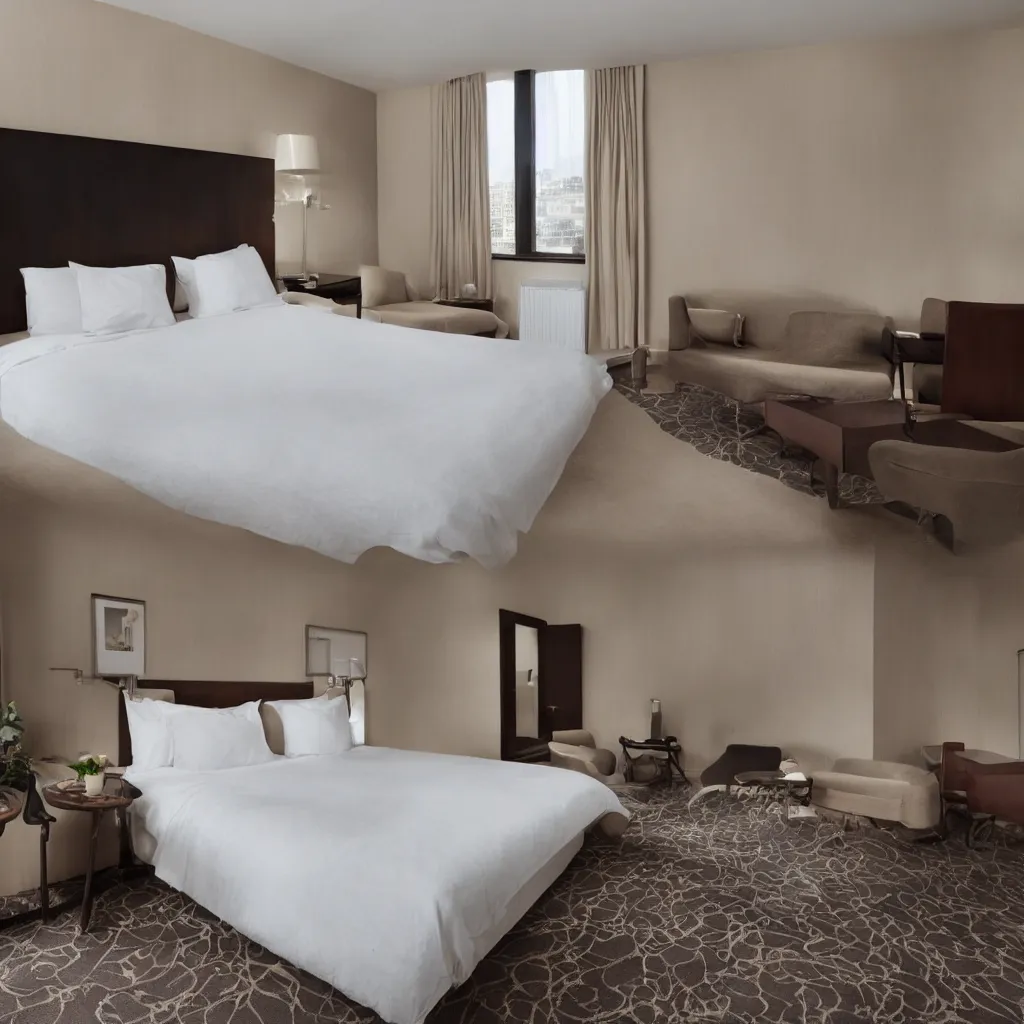 Image similar to an empty hotel bedroom with dull brown bedsheets and boring decorations