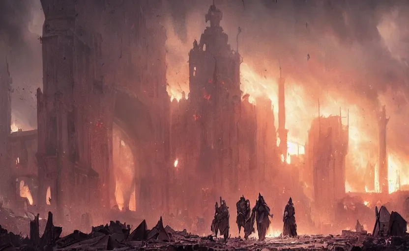 Prompt: a painting of a cinematic keyframe of walking into a destroyed medieval city, with fire, by greg rutkowski, rule of three, artgerm, artstation, highly detailed masterpiece, dark fantasy art, high detail