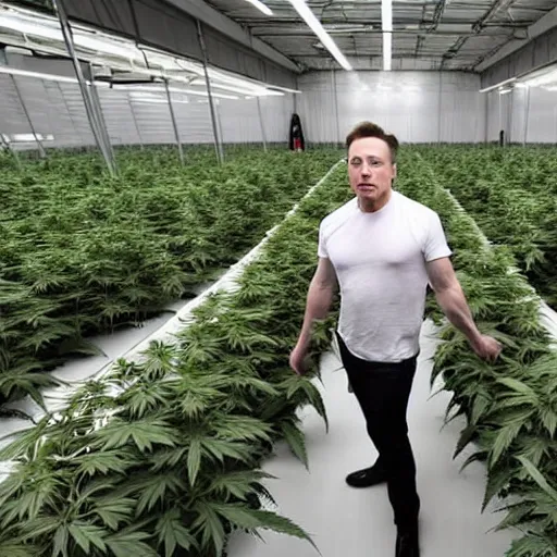 Prompt: Elon Musk Standing inside a huge cannabis farm