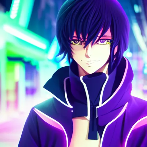 Image similar to Lelouch Lamperouge in a neon city, octane render 8k, atmospheric render, myserious man, professional render, volumetric light, artstation, redshift render, low angle camera, eccentric anime smile, Lelouch in a hood