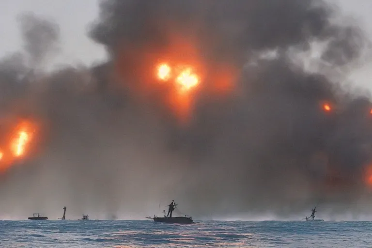 Image similar to closeup pirate crew running down beach as pirate ship fires canons, sand explosion 2 0 0 mm by emmanuel lubezki