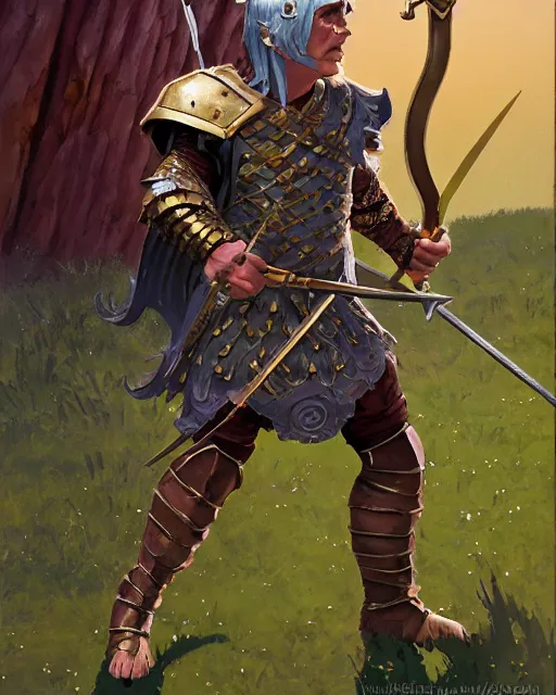 Prompt: beverly toegold the fifth, epic level dnd male halfling nature verdant paladin, wielding the golden holy avenger sword, wearing magical gleaming chainmail armor. full character concept art, realistic, high detail digital gouache painting by angus mcbride and michael whelan and jeffrey jones