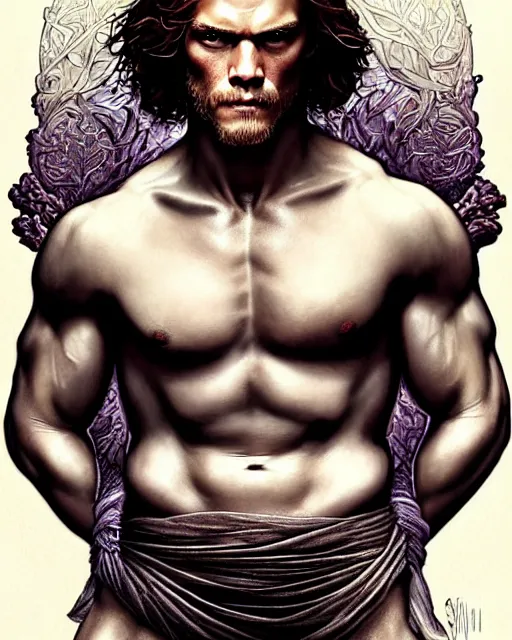 Image similar to bare chested sam heughan ( outlander ) portrait, art nouveau, fantasy, intricate flower designs, elegant, highly detailed, sharp focus, art by artgerm and greg rutkowski and wlop