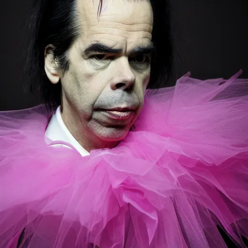 Image similar to nick cave in a pink tutu, dramatic angle, studio photography