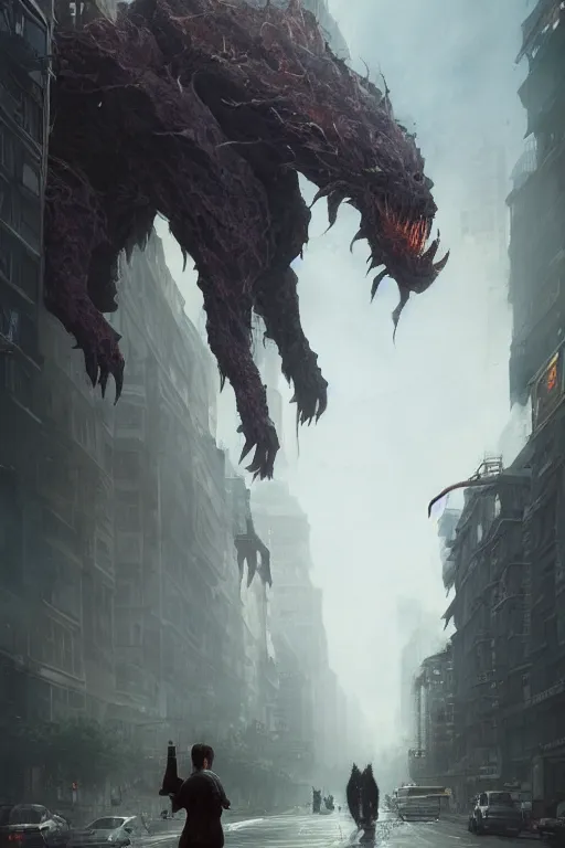 Prompt: a beautiful portrait of a giant michanical beast walking through the city by Greg Rutkowski, Sung Choi, Mitchell Mohrhauser, Maciej Kuciara, Johnson Ting, Maxim Verehin, Peter Konig, final fantasy, Marco lense , 8k photorealistic, cinematic lighting, HD, high details, atmospheric , trending on artstation