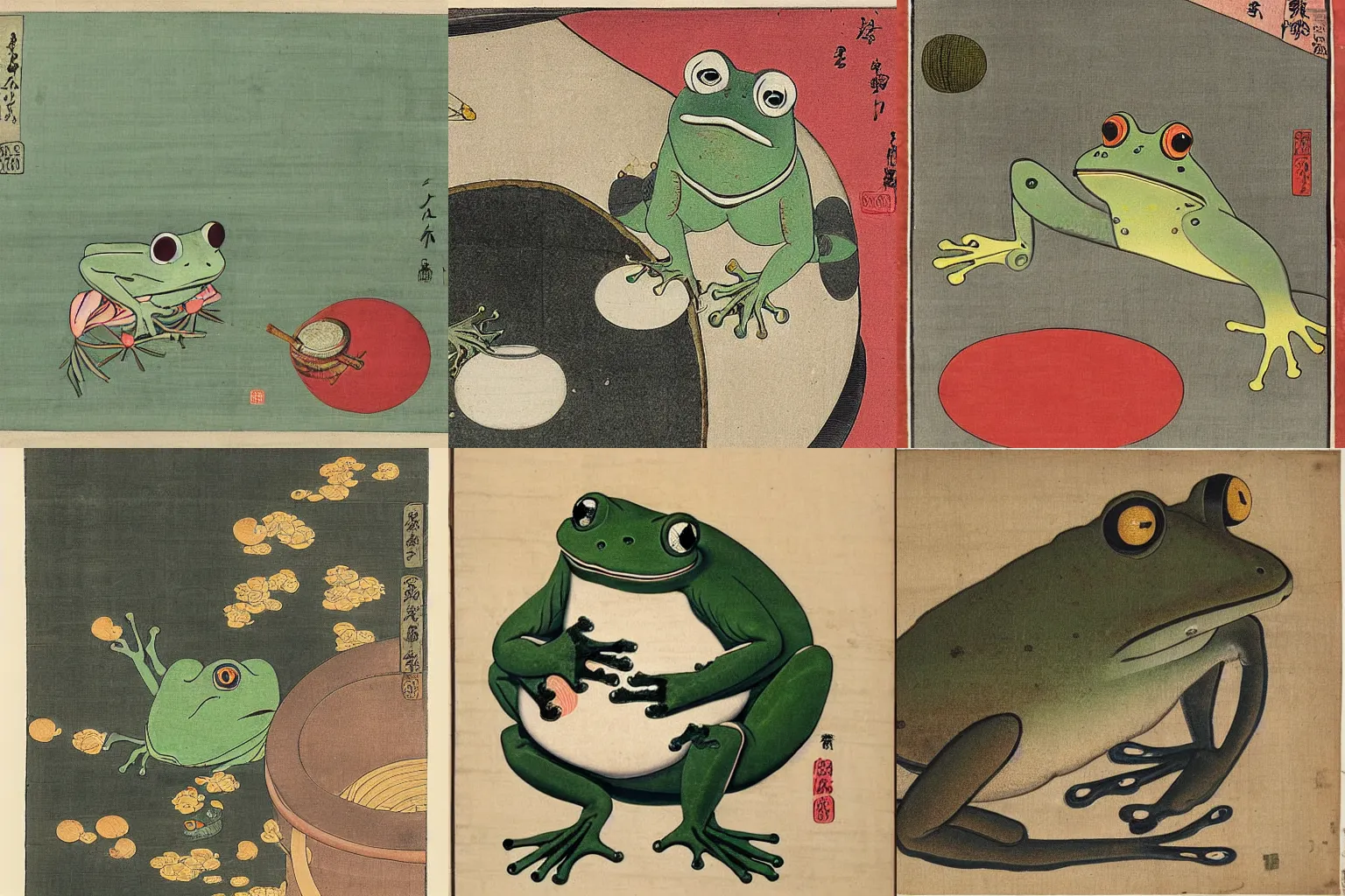 Prompt: The Wednesday Frog, Itō Jakuchu, 1790, hanging out with orbs, drums