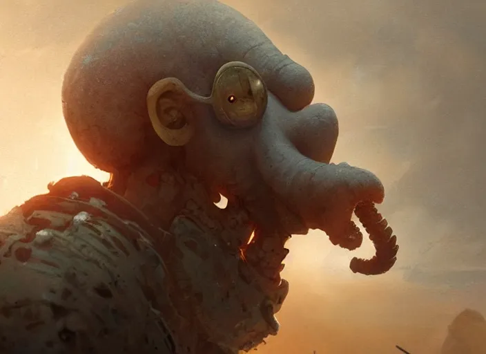 Prompt: close up cinematic artwork of squidward staring down the enemy on the battlefield by Greg Rutkowski, 4k, masterpiece