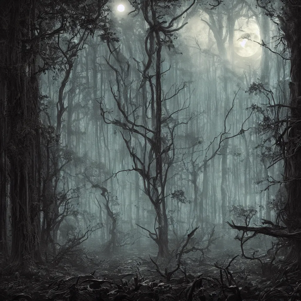 Image similar to a dark lush haunted swamp forest at night, upward cinematic angle, swamp horror, by Michael Kaluta, P. Craig Russell and Andreas Rocha, eerie moonlight, beautiful composition, intricate, elegant, digital art, detailed, mixed media painting, hyperrealistic, sharp focus, 8k