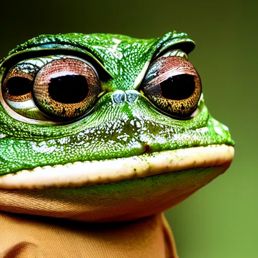 Prompt: pepe green frog big head cute eyes fantasy action scene photo