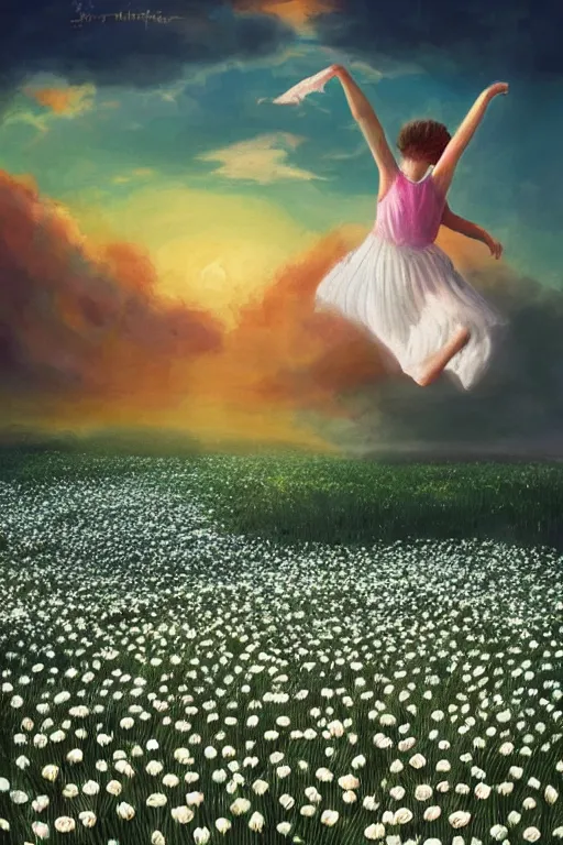 Prompt: giant white daisy flower as head, girl jumping in a flower field, surreal photography, sunrise, dramatic light, impressionist painting, colorful clouds, digital painting, artstation, simon stalenhag