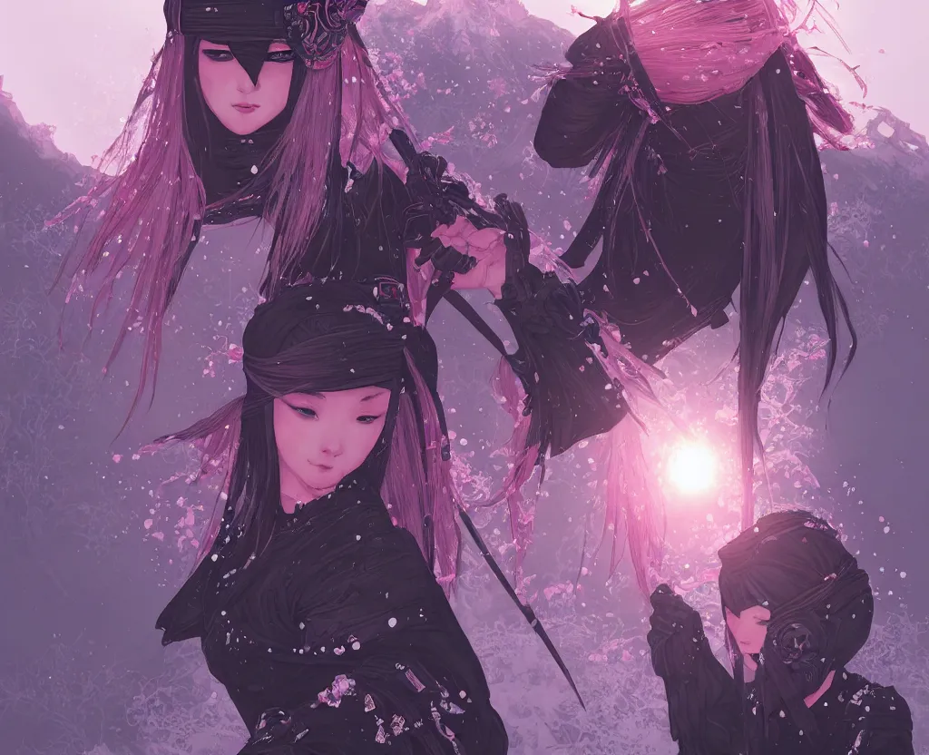 Image similar to portrait ninja gaiden girl, black plus little pink ninja wardrobe, at snowy fuji mountain sunrise, ssci - fi and fantasy, intricate and very very beautiful, detailed, digital painting, artstation, concept art, smooth and sharp focus, illustration, art by tian zi and wlop and alphonse mucha