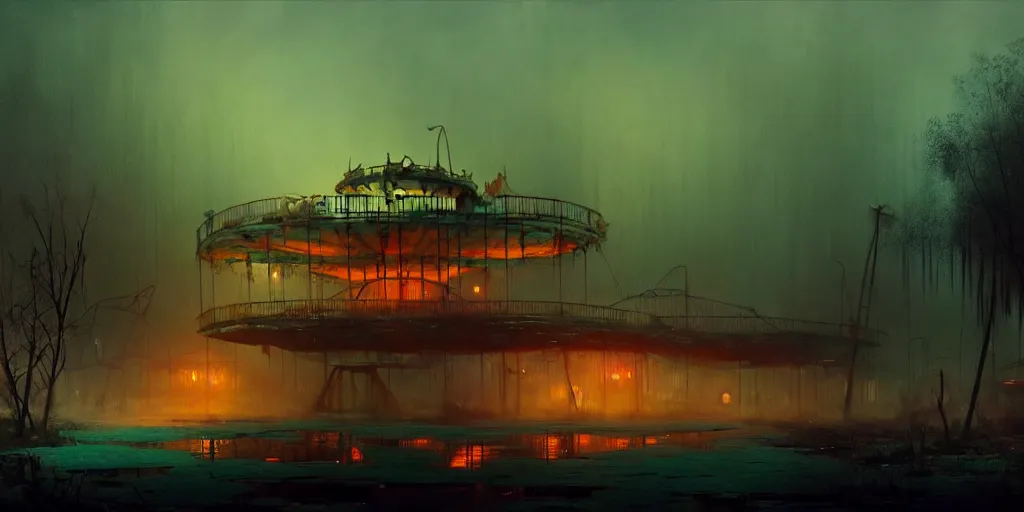 Image similar to concept art of an abandoned amusement park with broken attractions in a swamp at night, grimy, gritty, trending on artstation, award winning painting, cgi, art by ivan aivazovsky and john howe and filip hodas and zhang kechun